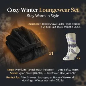 Blue Men's Winter Lounge Bundle Set - Flannel Shawl Collar Robe(XL Size) with 2x  Thick Mid Calf Purple Demon Pattern Socks, Warm Plush Homewear Set, Soft Cozy Sleepwear and Indoor Loungewear Gift for Men