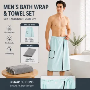 Light blue men's bath towel and gray towel set, made of coral fleece, quick-drying and absorbent. The towels have adjustable snap buttons, are soft and comfortable, and suitable for bathrooms, gyms, saunas, home spas, and other occasions