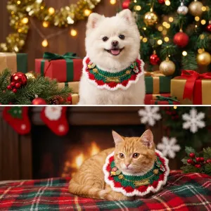 Christmas Pet Collar (White frayed edges) Knitted Festive Dog Cat Collar Red Green Adjustable Soft Lightweight Holiday Pet Accessories for Small Dogs and Cats Party Wear