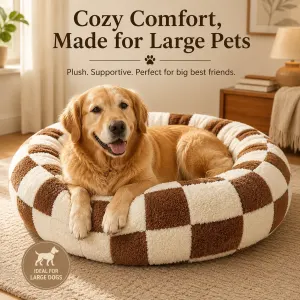Medium Large Pet Donut Bed (Coffee plaid)-70cm outer diameter, Soft Plush Round Dog Bed and Cat Bed with Raised Rim, Cozy Calming Pet Sleeping Cushion, Checkered Washable Dog Bed for Medium Large Dogs and Cats