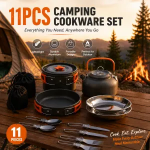11PCS Camping Cookware Set – Lightweight Aluminium Camping Pots, Frying Pan, Kettle & Stainless Steel Cutlery, Portable Non-Stick Outdoor Cooking Set for 2-3 Person Camping, Hiking, Backpacking & Picnic