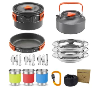 Camping Cookware Set for 2–3 People – Portable Outdoor Cooking Pot, Frying Pan & 1.1L Kettle Kit with Stainless Steel Plates, Cups & Cutlery, Lightweight Non-Stick Camping Cook Set for Hiking, Picnic, Backpacking & RV Travel