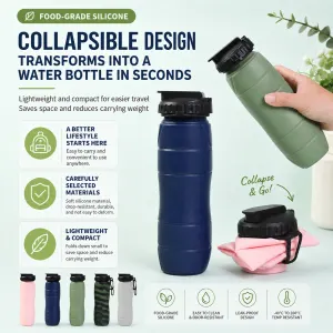 Camouflage green Collapsible Silicone Water Bottle – 650ml Foldable Travel Bottle with Straw Lid, Food Grade Silicone Hiking Flask, Leak Resistant Portable Water Bottle for Outdoor Sports Fitness Cycling