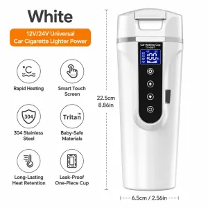 Large Stainless Steel Car Electric Heated Travel Mug - 12V & 24V Vehicle Smart Insluted Cup with 100℃ Control, 270° Flip Lid, LCD Touch Display and Leak Resistant Design