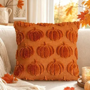 Pumpkin Embroidered Cushion Cover (45 x 45cm) – 3D Quilted Mini Pumpkin Decorative Soft Throw Pillowcase for Halloween, Thanksgiving, Sofa and Home Decor – Orange