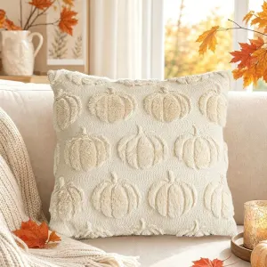 Pumpkin Embroidered Cushion Cover (45 x 45cm) - 3D Quilted Mini Pumpkin Decorative Soft Throw Pillowcase for Halloween, Thanksgiving, Sofa and Home Decor