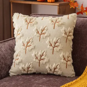 Maple Leaf Embroidered Cushion Cover (45 x 45cm) – 3D Quilted Autumn Decorative Soft Throw Pillowcase for Sofa and Home Decor – Beige