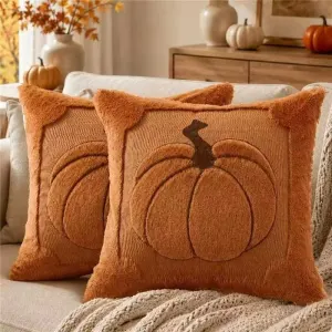 Pumpkin Embroidered Cushion (45 x 45cm) with Cotton Insert and Removable Cover – 3D Quilted Bow Pumpkin Throw Pillow for Halloween, Thanksgiving and Sofa Decor – Caramel