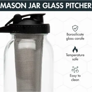 2 Set of 64oz Mason Jar Cold Brew Coffee Pitcher – Soda Lime Glass Jug with Measurement Marks, Pour Spout Handle Lid, Cleaning Brush and Fine Mesh Filter