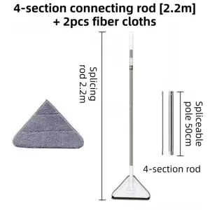 Extendable Triangular Cleaning Mop with 2.2m Stainless Steel Long Handle and 2 Fibre Cloths - 360° Swivel Enlarged Head and Squeegee Edge for Floors, Walls, Glass and Ceilings