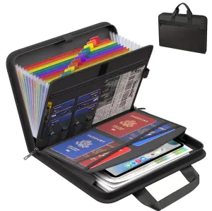 Black Fireproof Waterproof Accordion File Organiser, 11 Pockets Expanding Document Folder with Rainbow-Coded Tabs & Handle, Dustproof U-Disk Passports Card Bag for Home Office Travel (26 × 36 × 5 cm)