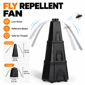 Black Foldable Fly Repellent Fan with Tower Design & Safe Reflective Blades -Silent Table Top Insect Deterrent, EVA Anti-Slip Base and Battery Operated