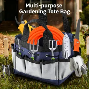 Mutifunctional Garden Tool Storage Bag with 7 Outer Pockets & Antidrop Elastic Band - Heavy Duty Waterproof Oxford Cloth Gardening Tote, Large Size (38 × 30 × 14 cm)