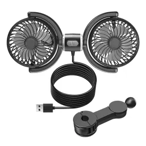 Foldable Dual Head Turbo Car Fan - F4209 USB Powered Headrest Clip Fan with 3 Speed Settings, 360 Degree Gentle & Silent Airflow and Multi-Angle Adjustment for Front Back Seats