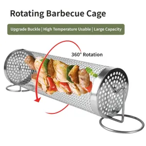 5-Piece Stainless Steel 360° Rolling Grill Basket Kit - Large 30 x9cm Rotating BBQ Mesh Cylinder with Locking Lid and Grill Accessories for Outdoor Camping