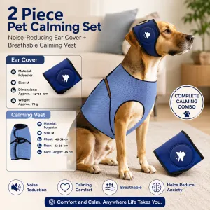 Blue M Size Dog Anxiety Relief Set - Breathable Mesh Calming Vest and Noise Reducing Earmuffs for Dogs, Thunderstorm and Fireworks Stress Support