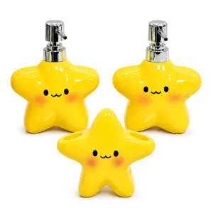 Star Electric Toothbrush Holder and Ceramic Lotion Bottle Set - Yellow Plastic Toothbrush Organizer with Dual Slots, 400ml Ceramic Pump Dispenser for Bathroom Countertop, Space Saving Home Decor