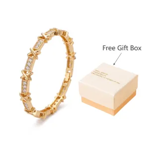 Luxury Cubic Zirconia Tennis Bracelet - Gold Tone Plated Geometric Link Wristband with X Accent - Modern Ins Style Sparkling Jewelry Gift for Women Girls