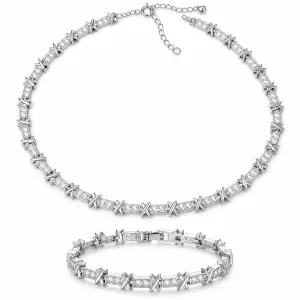 Luxury Cubic Zirconia Jewelry Set - Geometric Square Link Necklace and Bracelet Duo - Silver Plated Sparkling Tennis Style Gift for Women - Elegant Evening Wear Accessories