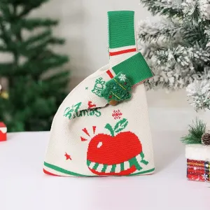 Beige Christmas Knitted Gift Bag - Festive Reusable Tote with Cute Christmas tree shape Plush Charm - Holiday Party Favor & Apple Wrapper for Xmas Decor