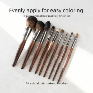 16 Piece Makeup Brush Set – Dark Brown Makeup Brushes with Black Storage Cup for Foundation, Powder, Blush, Eyeshadow and Eyebrow Application