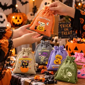 6 Pack Halloween Burlap Drawstring Bags – Assorted Printed Treat and Gift Pouches for Candy, Party Favours, Halloween Events and Seasonal Storage