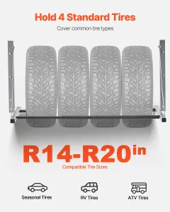 Wall Mounted Folding Tire Rack, 32″ – 48″ Adjustable Tire Rack, Q235 Heavy-Duty Steel Tire Storage Rack for R14-R20 inch Standard Tires, Max 300lbs Load Capacity for Garage Workshop Repair Shop