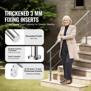 Handrails for Outdoor Steps, 70.9in Length 2 Crossbars Stair Hand Rail Kit, Transitional Stainless Steel Railings w/ Installation Kit, Double-column Staircase Handrails for Seniors,Porch & Deck