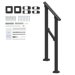Handrails for Outdoor Steps, 1-2 Step Stair Hand Rail Kit, Transitional Carbon Steel Railings with Installation Kit, Stair Rails for Seniors, Concrete Steps & Porch & Deck, Black Square Tube