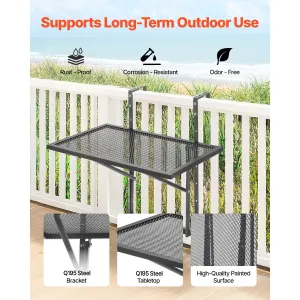Balcony Hanging Table, 610 x 410 mm Metal Folding Balcony Railing Table, Outdoor Balcony Bar Table for Railings, 5-Level Adjustable, Fit Railing from 1″ to 4.7″, Serving Table for Patio & Deck