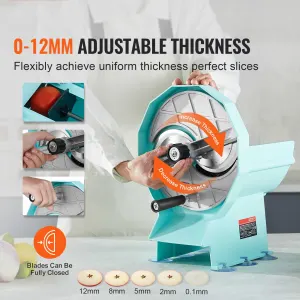 Manual Vegetable Fruit Slicer, 0-0.5″/0-12mm Thickness Adjustable Commercial Slicer Machine, Double Feed Ports, Stainless Steel Blade Food Cutter Slicing Machine for Cucumber, Lemon, Tomato