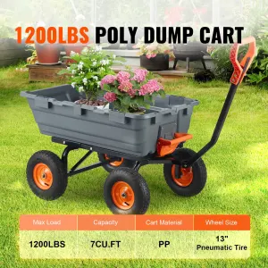 Dump Cart, Poly Garden Dump Cart with Easy to Assemble Steel Frame, Dump Wagon with 2-in-1 Convertible Handle, Utility Wheelbarrow 544kg/ 1200lbs Capacity, 33cm/ 13 inch Tires
