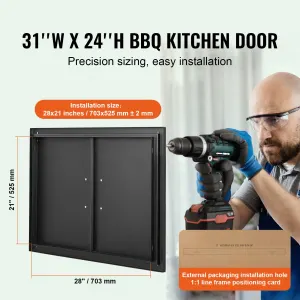 BBQ Access Door, 788×610 mm Double Outdoor Kitchen Door, Cold Plate Flush Mount Door, Wall Vertical Door with Handles, for BBQ Island, Grilling Station, Outside Cabinet