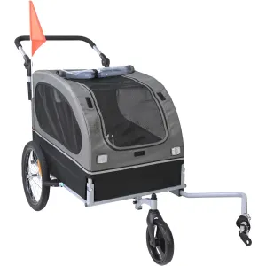 Dog Bike Trailer, Supports up to 40 kg, 2-in-1 Pet Stroller Cart Bicycle Carrier, Easy Folding Cart Frame with Quick Release Wheels, Universal Bicycle Coupler, Reflectors, Flag, Black/Gray