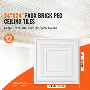 Ceiling Tiles 12-Pack 24 x 24 in PVC Easy Installation White Peg Pattern