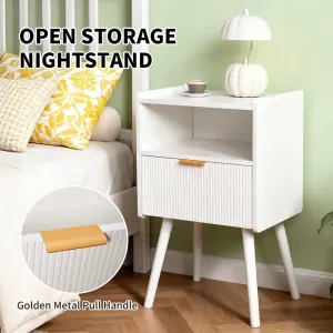 White Nightstand Modern Solid Wooden Open Shelf Bedside Table with One Storage Drawer and Solid Legs for Living Room Bedroom Apartment Easy Assembly