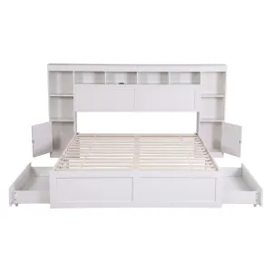 Artiss Queen Bed Frame with Storage Bookcase Headboard, USB & Type-C Ports & Drawers White