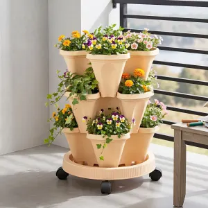 Green Fingers 3 Tier Stackable Vertical Planter Tower Strawberry Pot Wheels – Beige