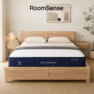 RoomSense Queen 26cm Firm Mattress Bundle with Oatmeal Wooden Bed Frame
