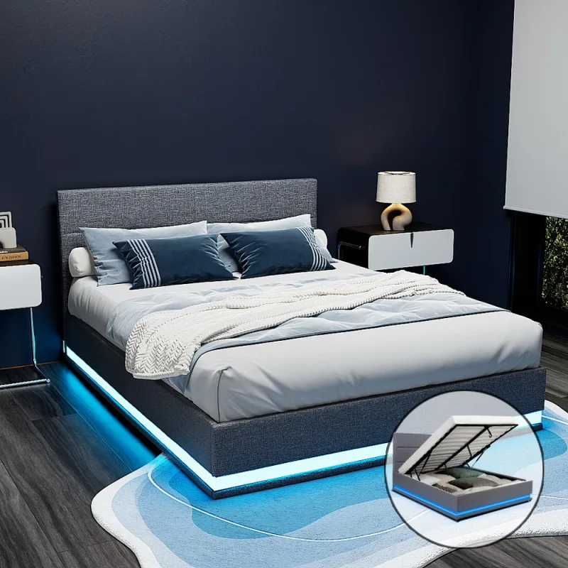 Artiss Bed Frame Queen Size LED Gas Lift LUMI – Grey