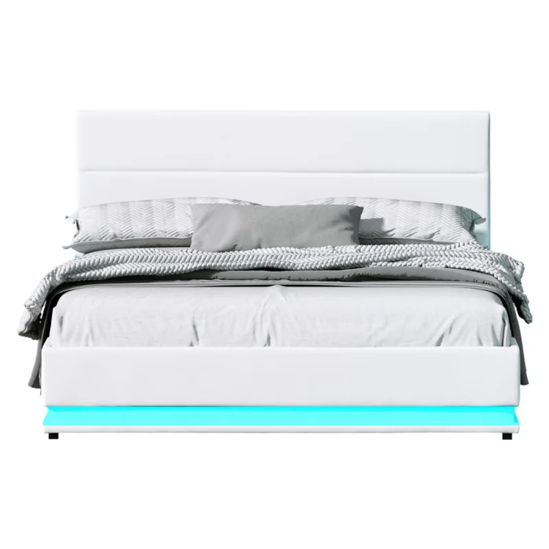 Artiss Bed Frame Queen Size LED Gas Lift LUMI – White