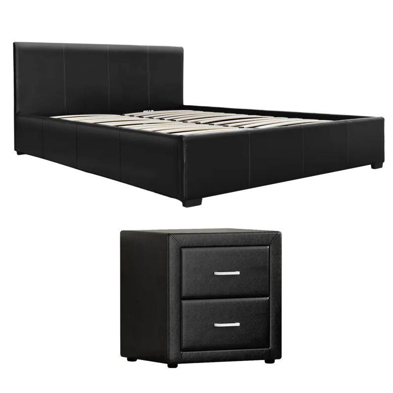 Artiss Gas Lift Queen Bed Frame and Bedside Table Set Leather Black