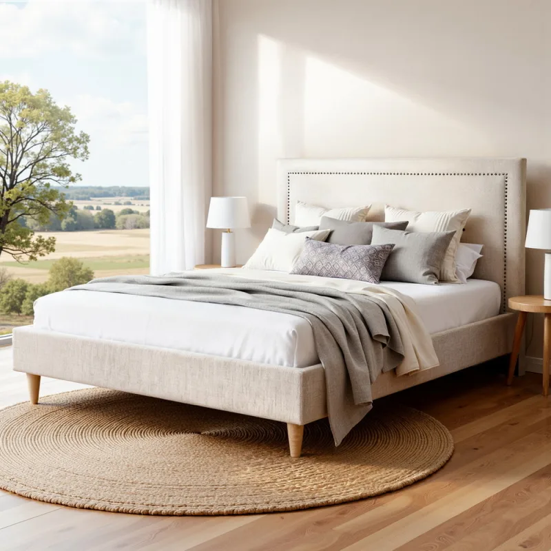Artiss Queen Bed Frame Platform Bed Base Upholstered Headboard Linen Fabric Beige Artiss Queen Bed Frame Platform Bed Base Upholstered Headboard Linen Fabric Beige