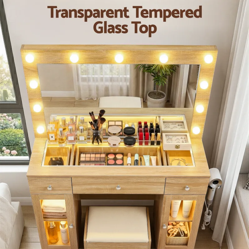 Artiss Dressing Table Vanity Desk Set LED Bulbs RGB Light Wood