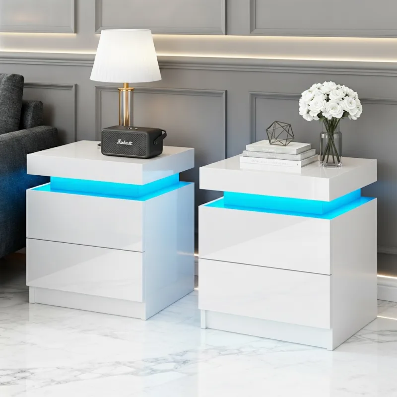 Artiss 2X Bedside Table LED 2 Drawers Lift-up Storage – COLEY White