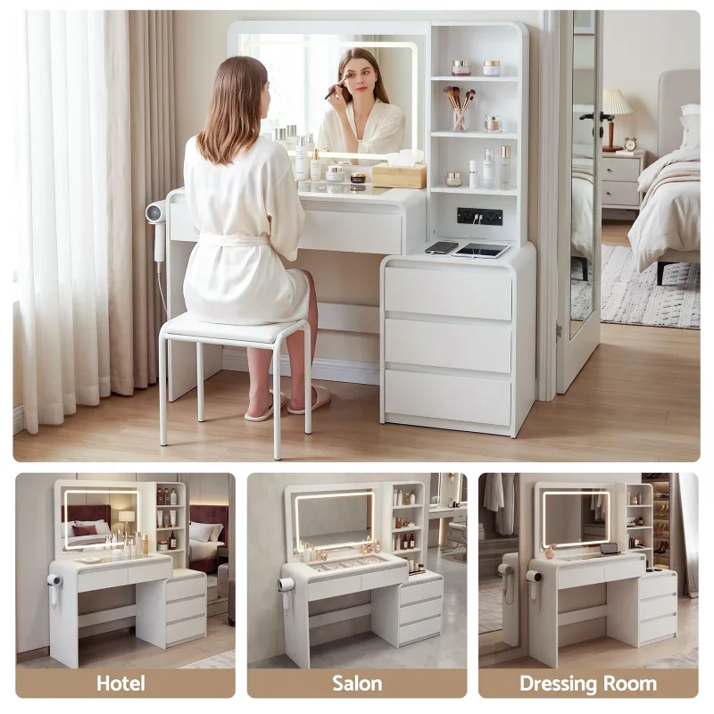 Artiss Dressing Table Makeup Vanity Desk LED Mirror Drawers Charging Station Curved Edge White