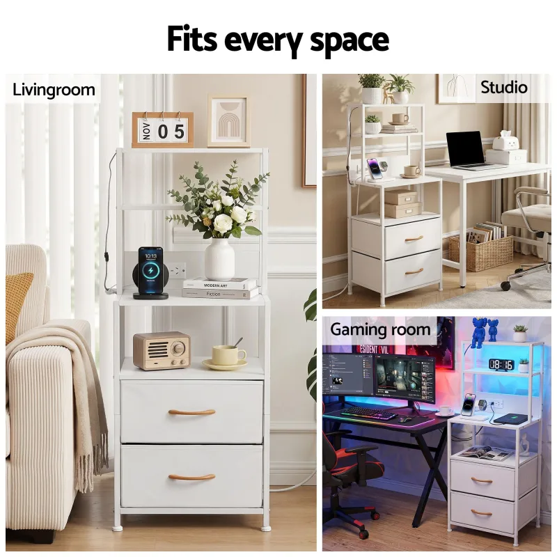Artiss Bedside Table Tall Nightstand with Charging Station Drawers LED – White