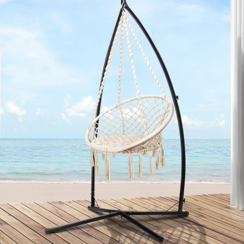 Gardeon Hammock Chair with Steel Stand Macrame Outdoor Swinging – Cream