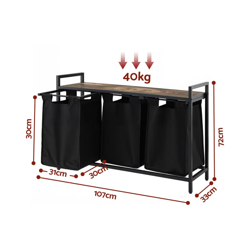 Artiss Laundry Basket with 3 Pull-out Bags Metal Frame Black