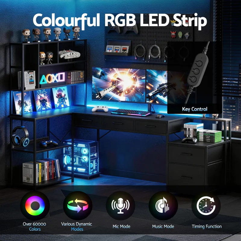 Artiss 200cm L Shaped Gaming Desk Computer Desk with LED Lights & Power Outlets